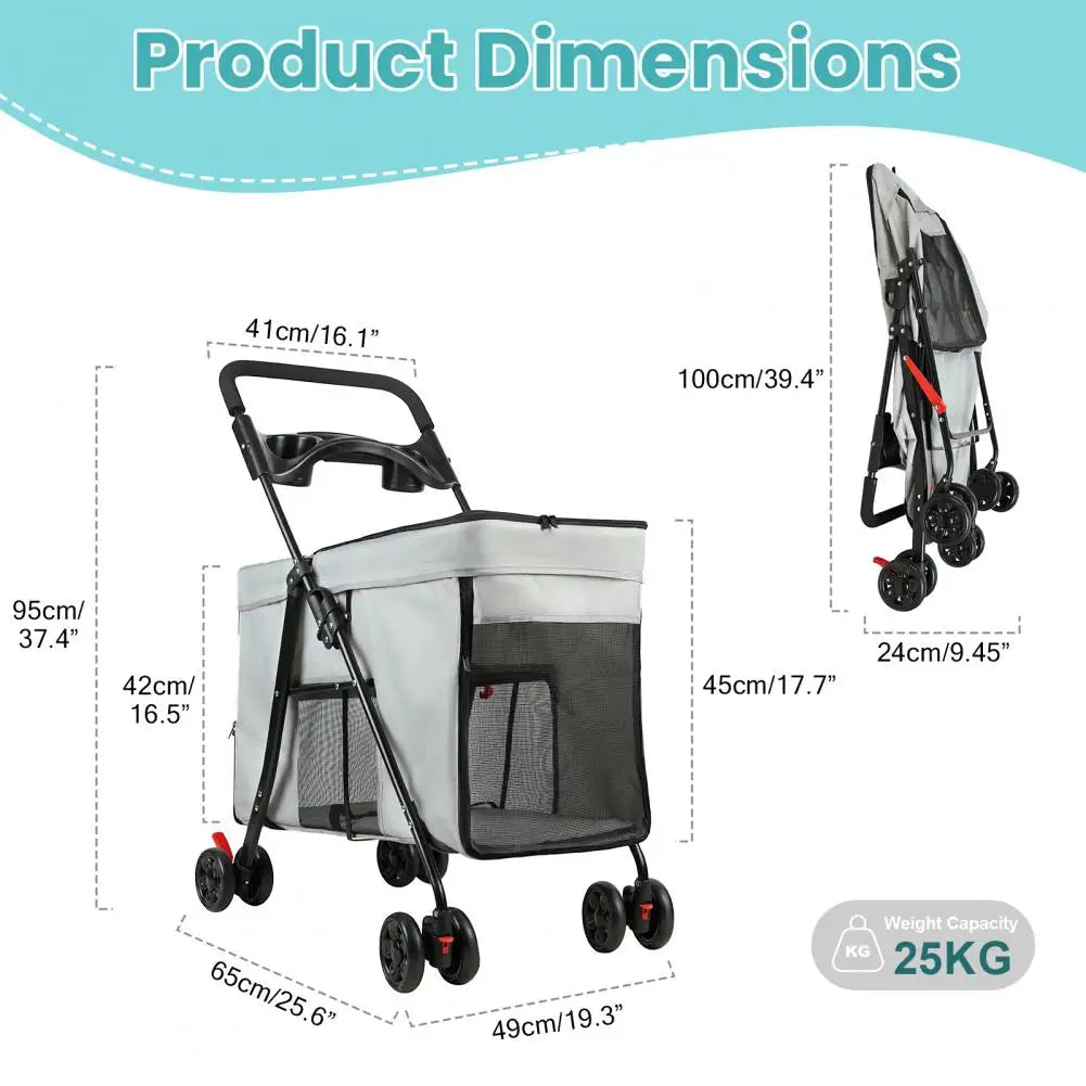 Foldable Dog Stroller With Removable Tray And Ventilation Windows