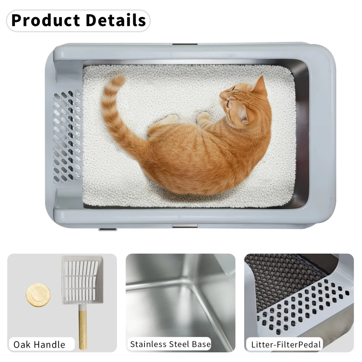 Stainless Steel High-Sided Cat Litter Pan With Mat And Scoop