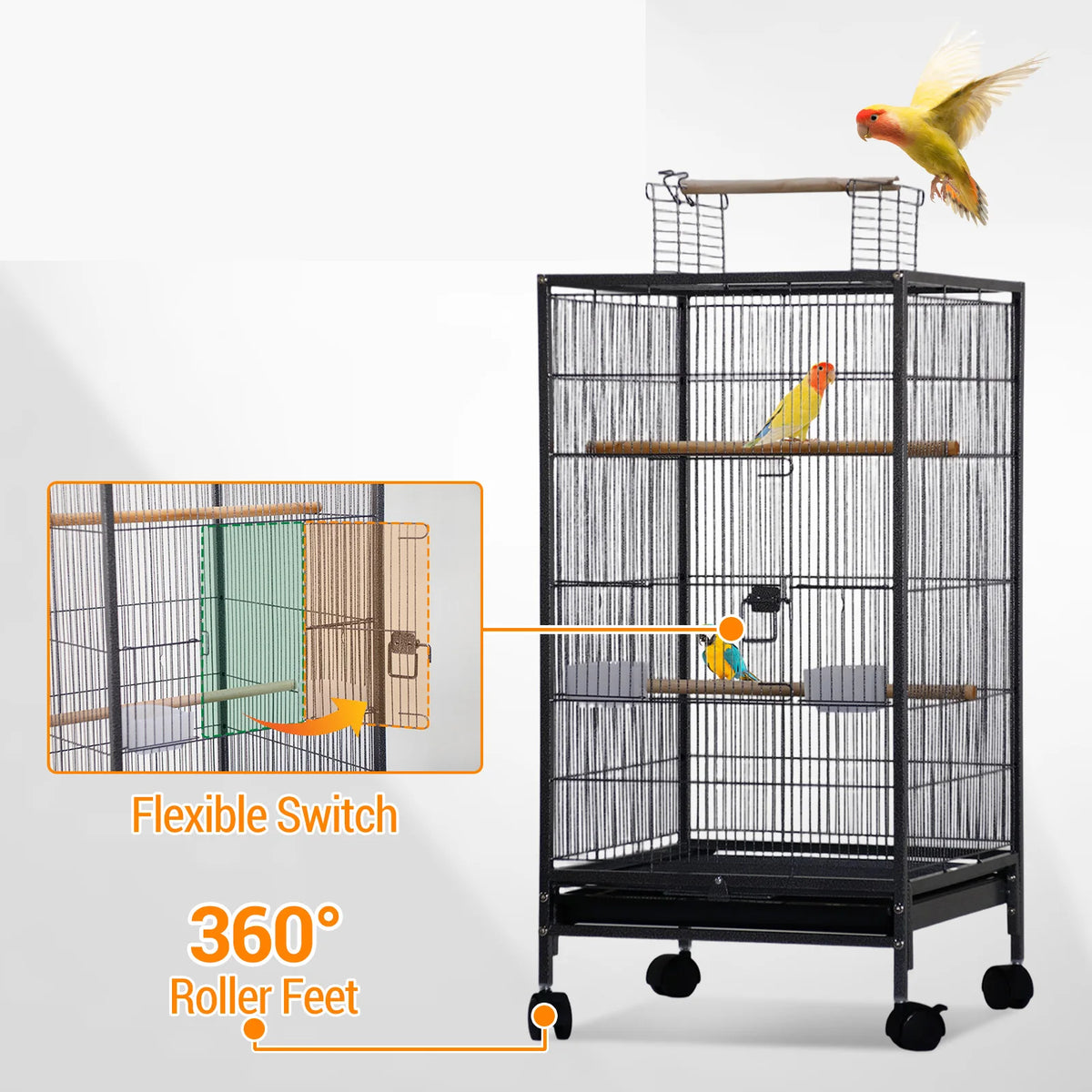 HiMiss Open Top Metal Bird Cage With Wheels And Feeder