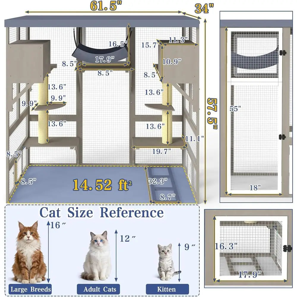 Spacious Outdoor Cat Enclosure With Seven Platforms And Hammock