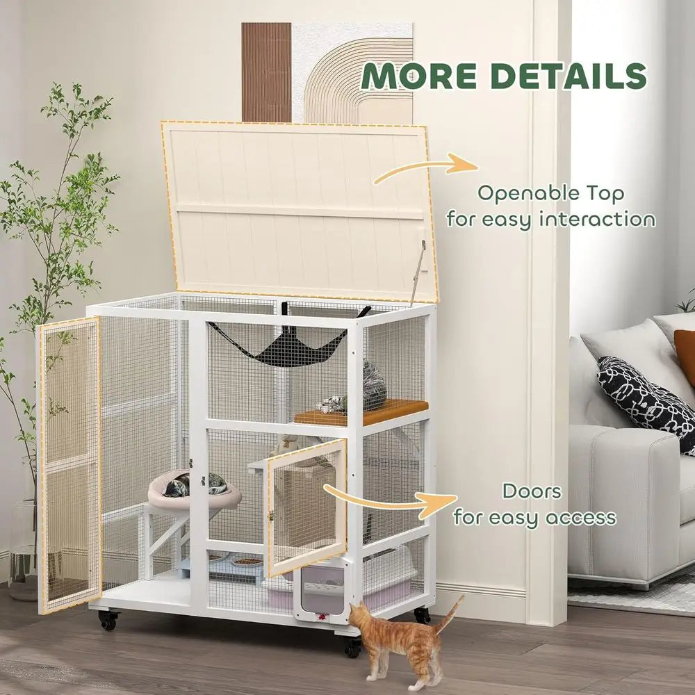 Multi Level Indoor Cat House Enclosure With Platform And Hammock