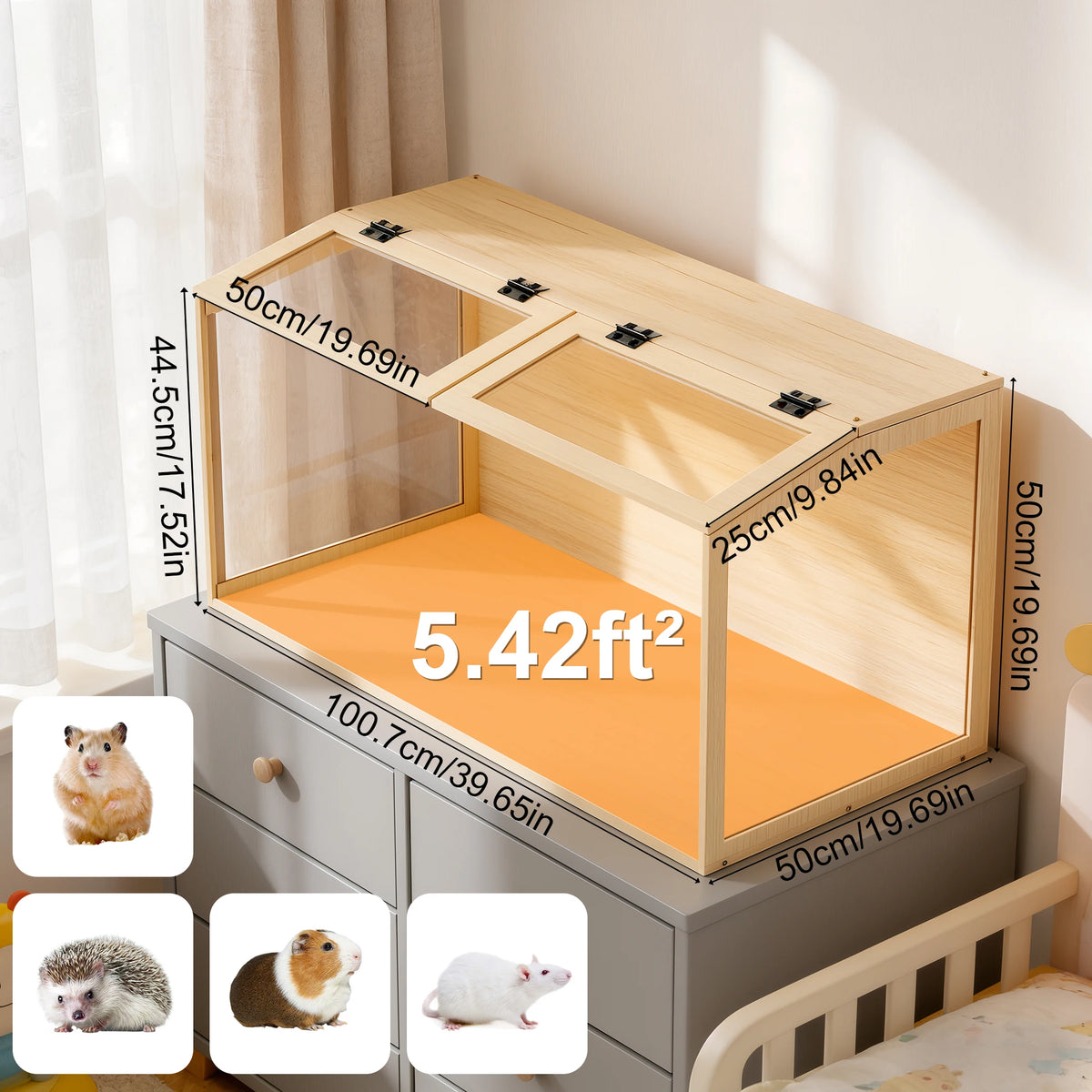 Wooden Hamster Cage With Tempered Glass Built In Led Lights