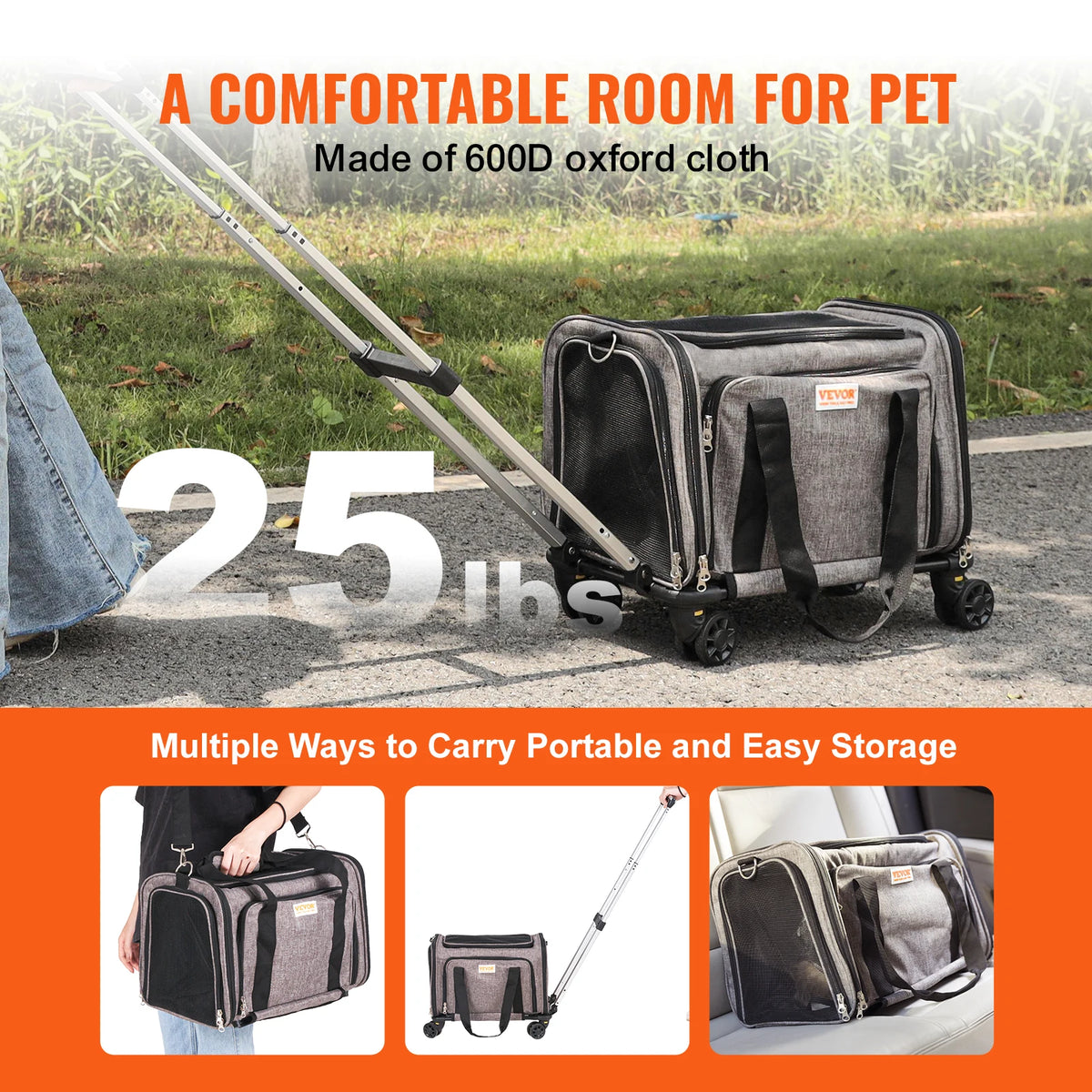Wheeled Pet Carrier Backpack With Telescopic Handle For Pets