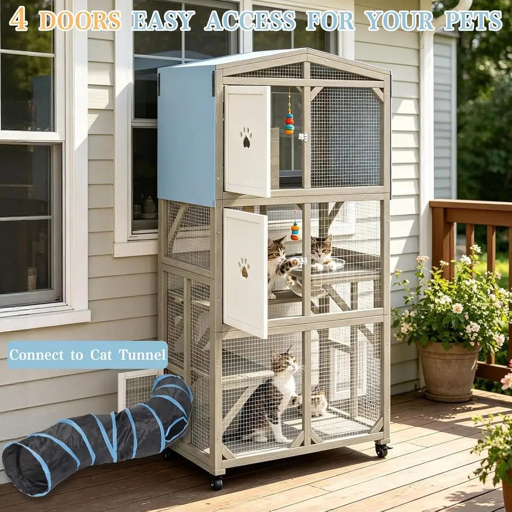 Wooden Outdoor Cat Enclosure With Three Platforms And Weather Resistant Design