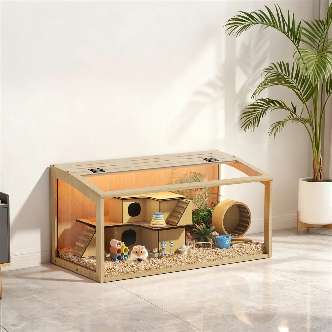 Wooden Hamster Cage With Tempered Glass And Ample Ventilation Space