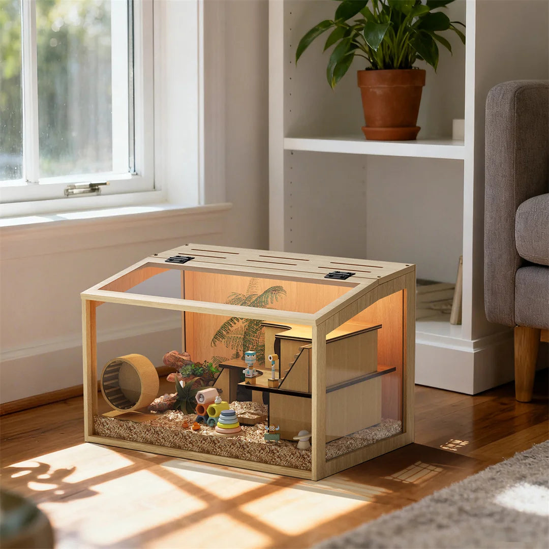 Wooden Hamster Cage With Tempered Glass And Ample Ventilation Space
