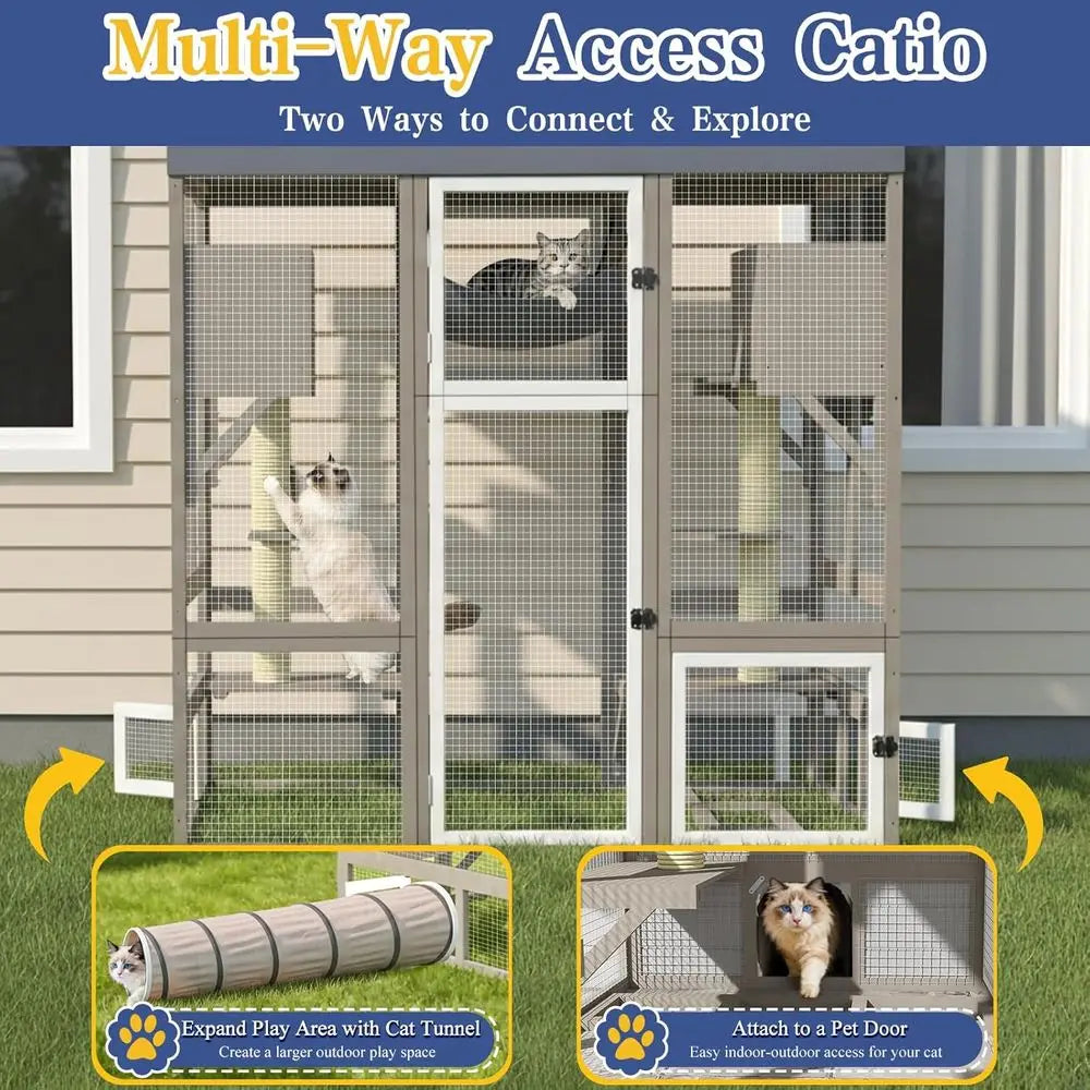 Spacious Outdoor Cat Enclosure With Seven Platforms And Hammock