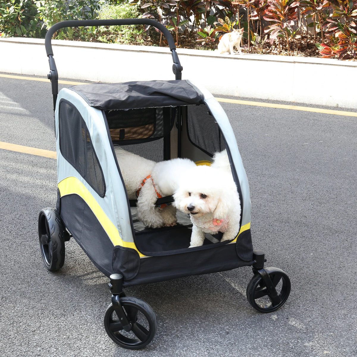 Dual Dog Folding Pet Stroller With Zipper Divider And Wheels