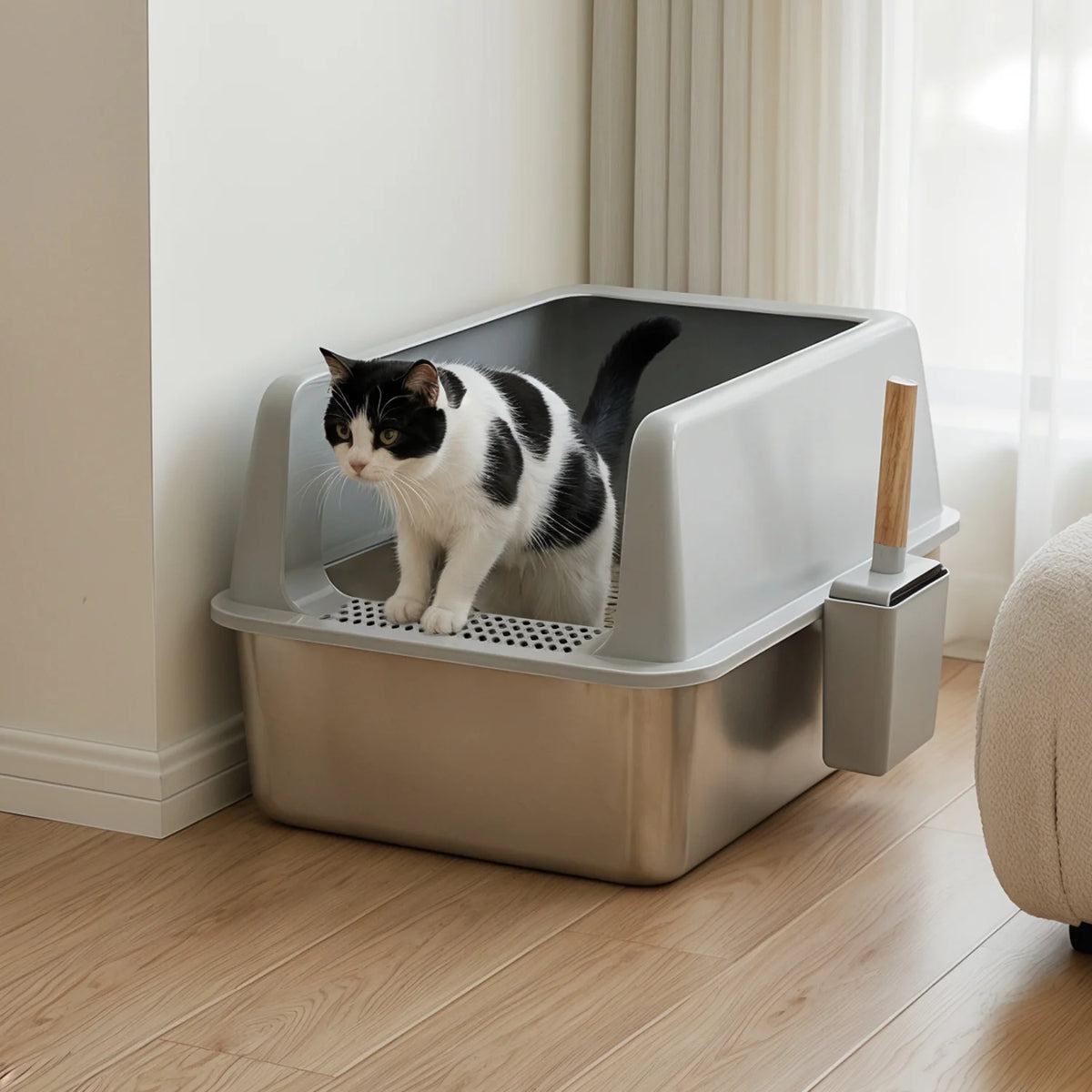 Stainless Steel High-Sided Cat Litter Pan With Mat And Scoop