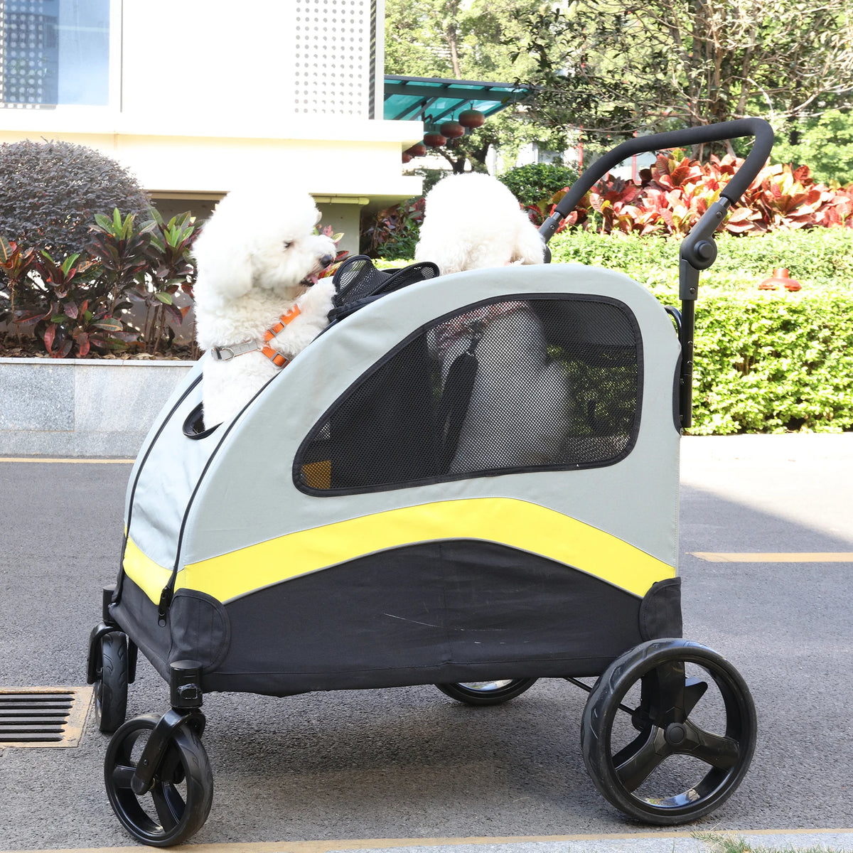 Dual Dog Folding Pet Stroller With Zipper Divider And Wheels