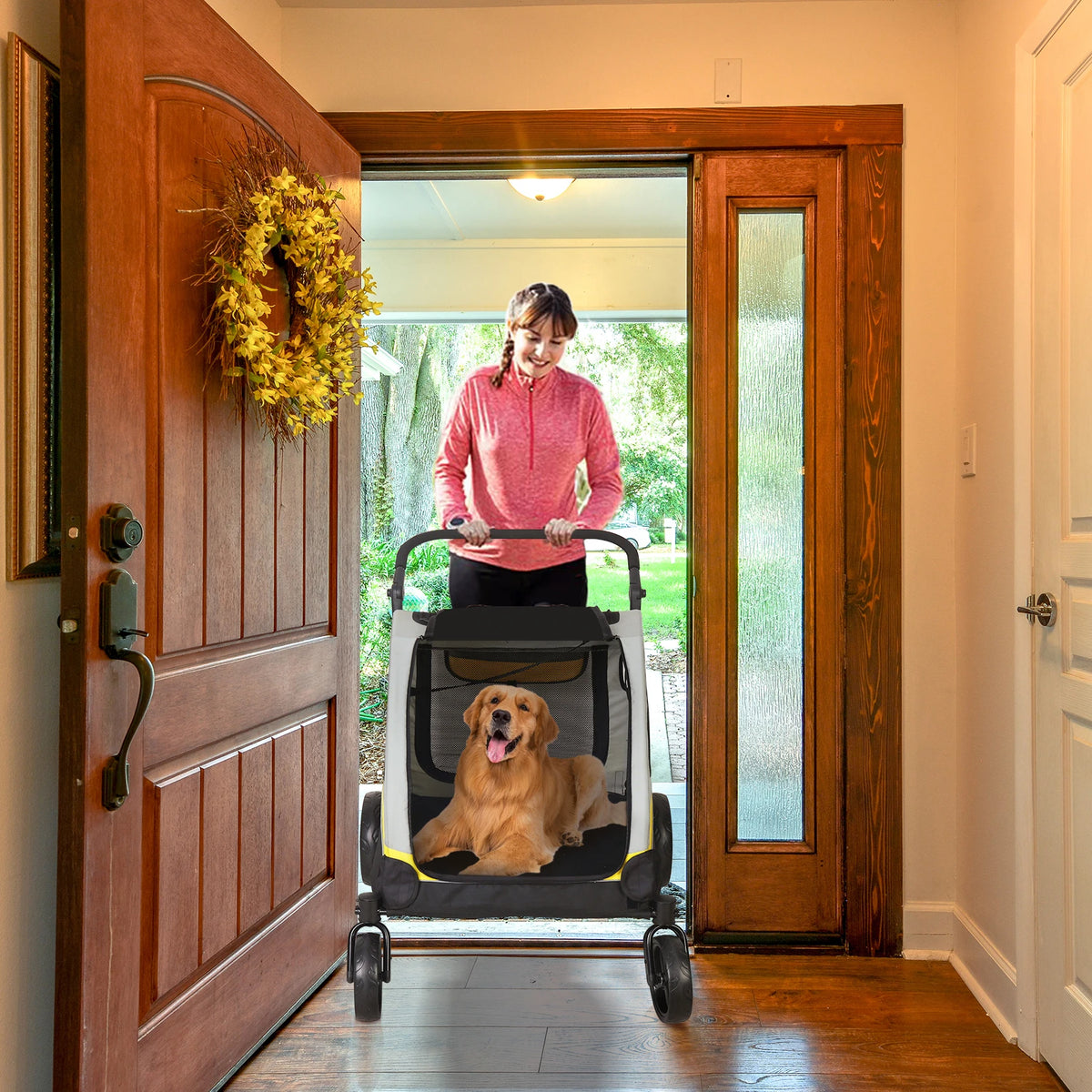Dual Dog Folding Pet Stroller With Zipper Divider And Wheels