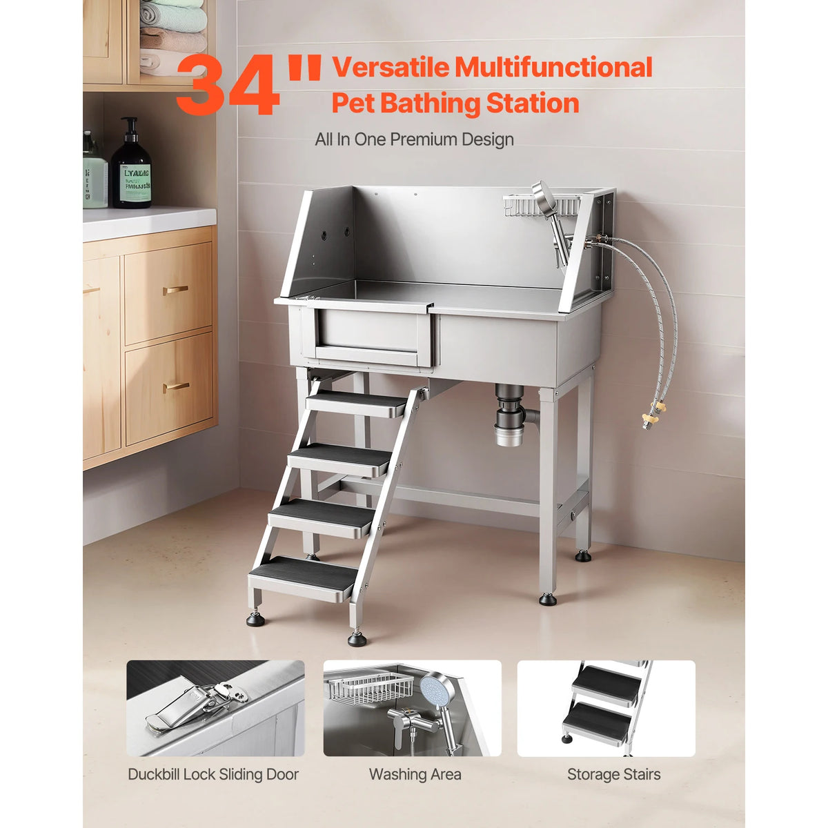 SucceBuy Stainless Steel Dog Washing Station With Shower Faucet Soap Holder