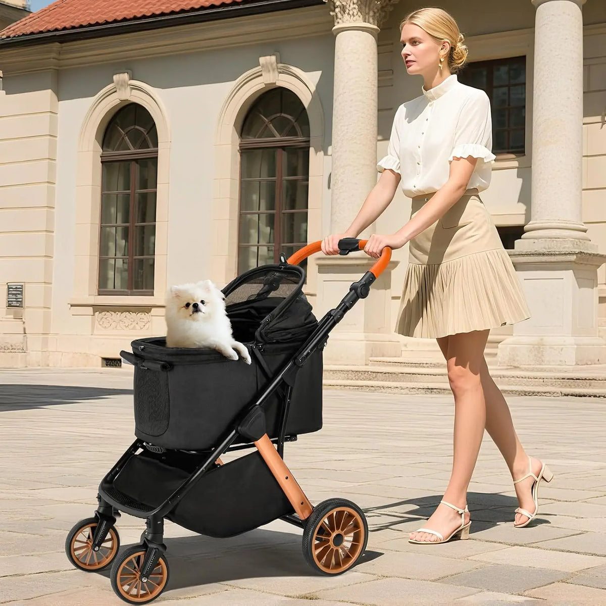 Breathable Foldable Dog Stroller With Height Adjustable Frame