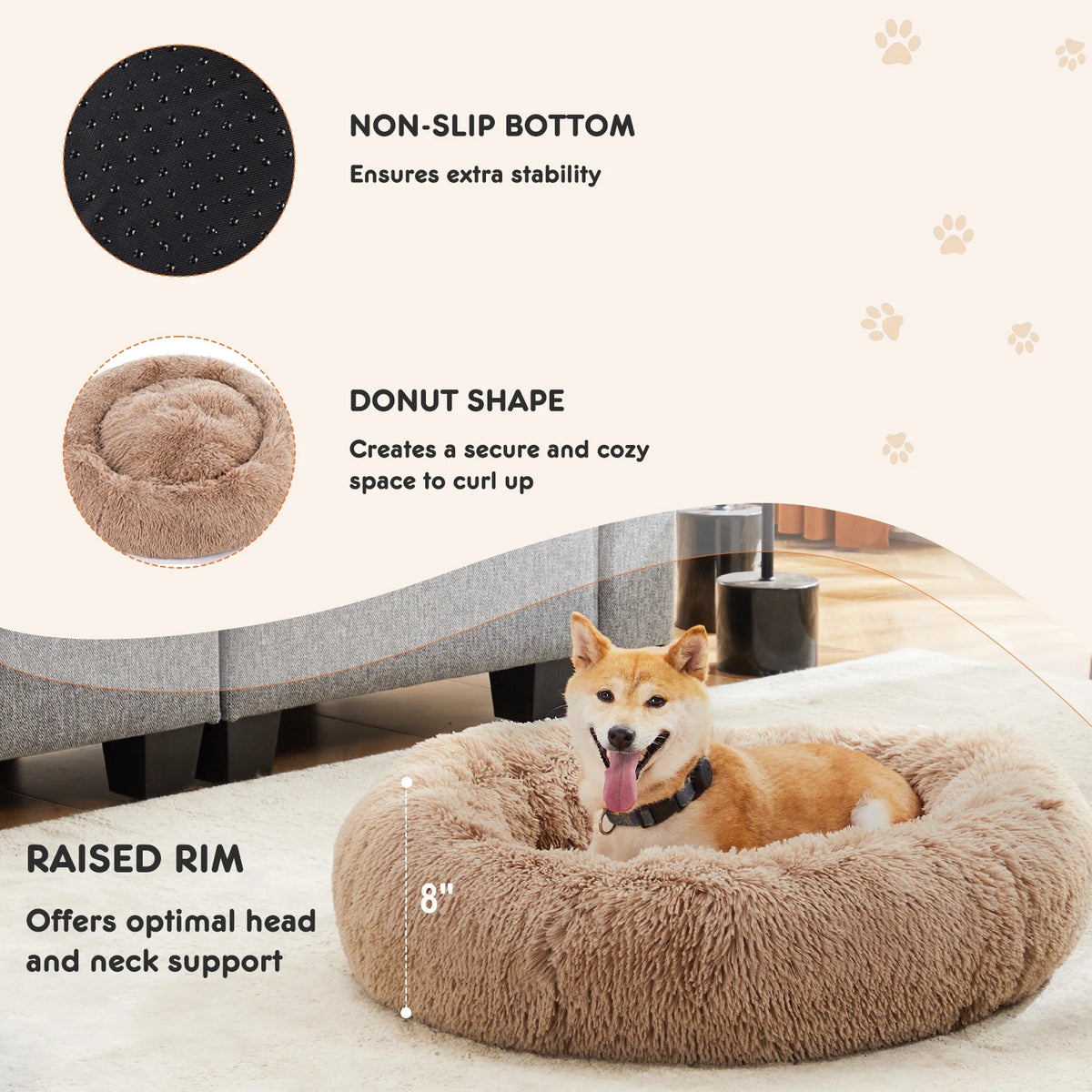 JHK Calming UltraPlush Faux Fur Dog Bed With Anti Slip
