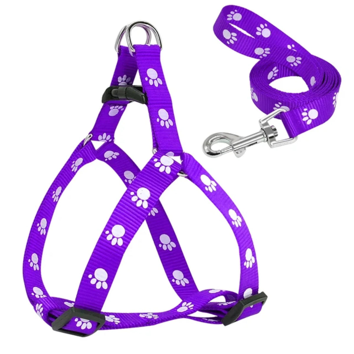 Adjustable Nylon Dog Harness And Leash Set With Paw Print Design