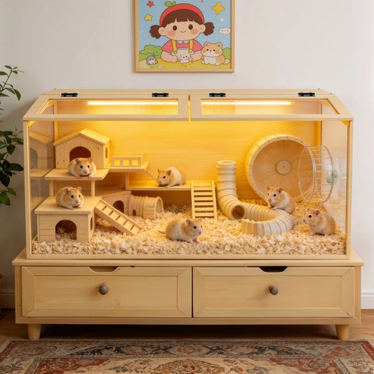 Wooden Hamster Cage With Tempered Glass Built In Led Lights