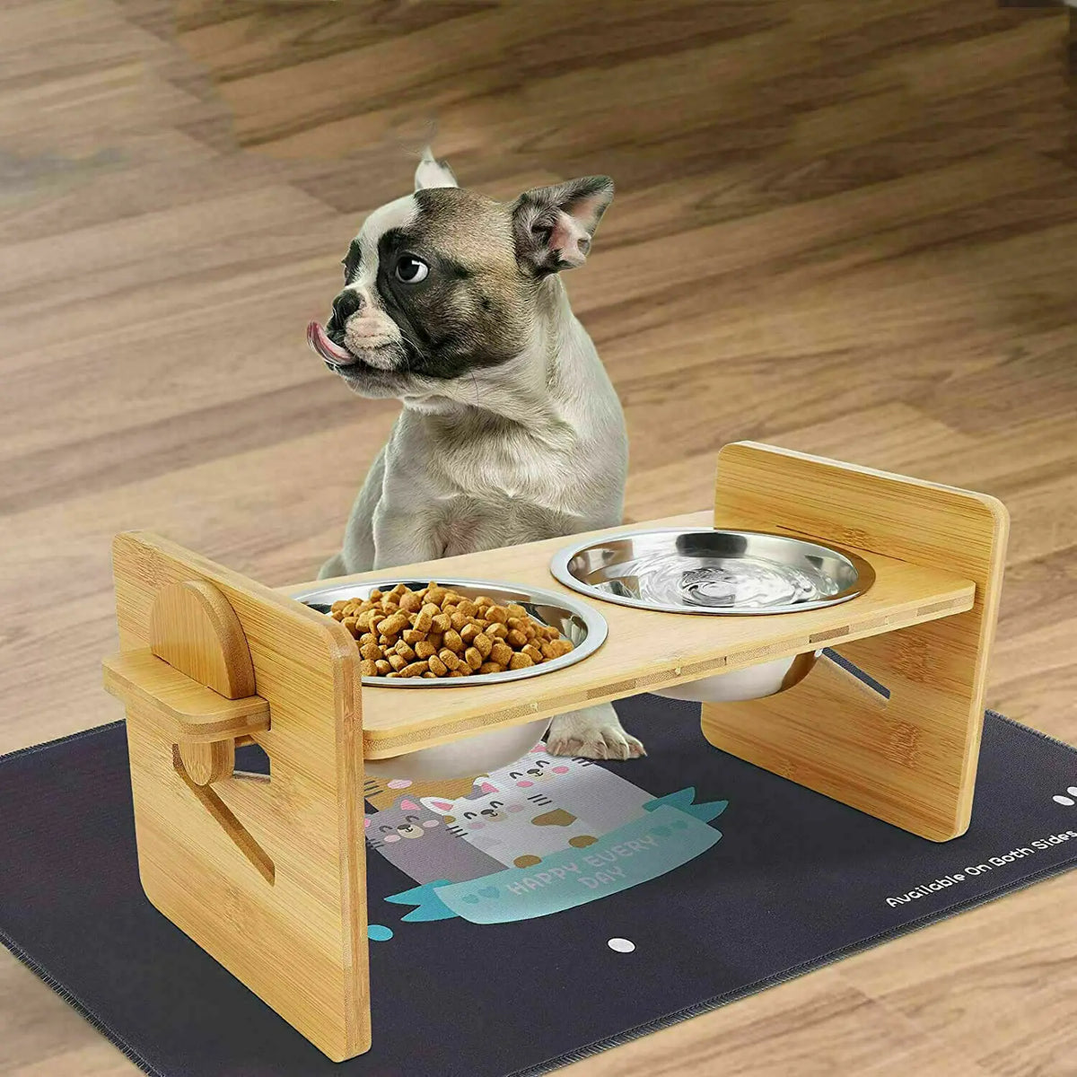 Adjustable Wooden Raised Cat Bowls With Stainless Steel Dishes