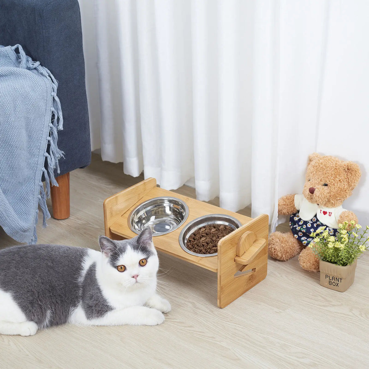 Adjustable Wooden Raised Cat Bowls With Stainless Steel Dishes