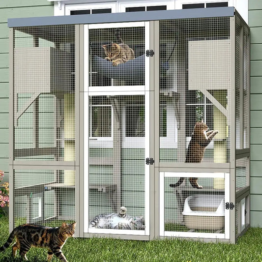 Spacious Outdoor Cat Enclosure With Seven Platforms And Hammock