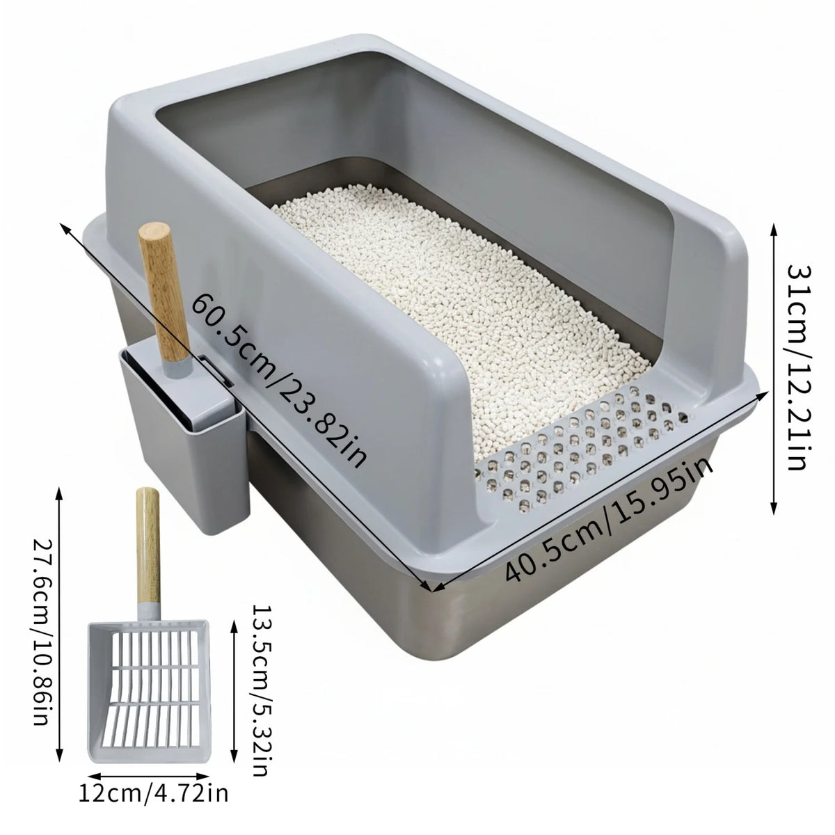 Stainless Steel High-Sided Cat Litter Pan With Mat And Scoop