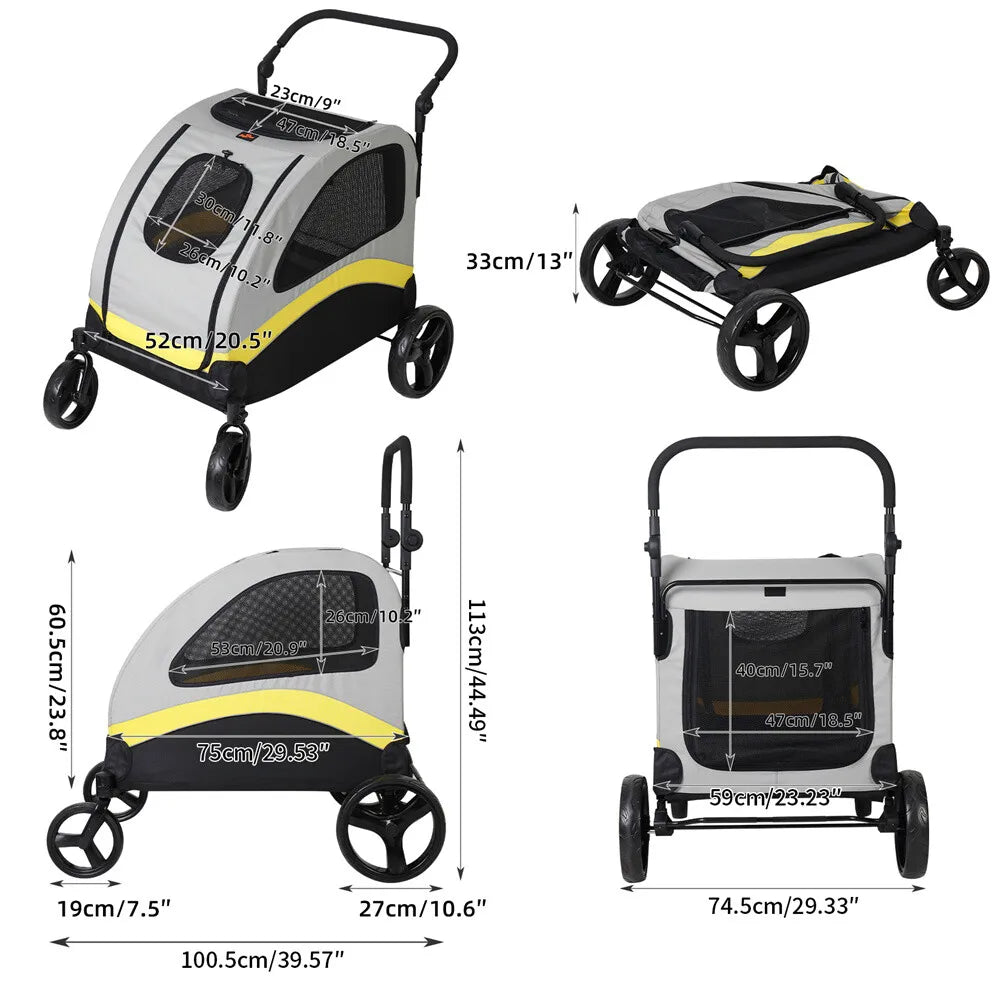 Foldable Four Wheel Pet Stroller Breathable Metal Dog Jogger