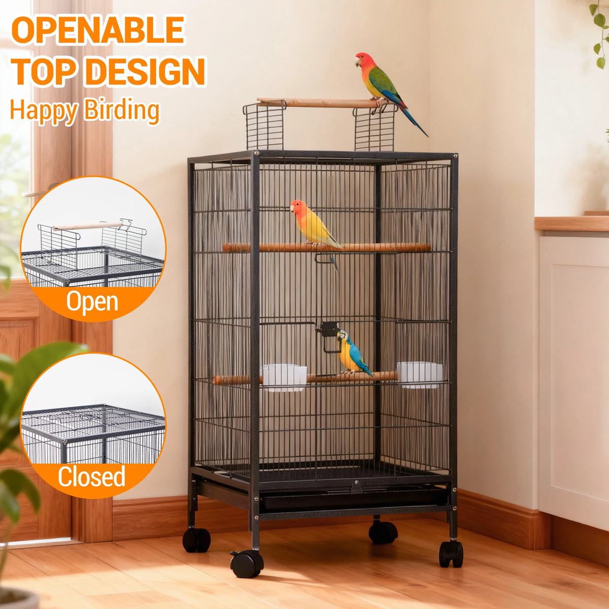 HiMiss Open Top Metal Bird Cage With Wheels And Feeder