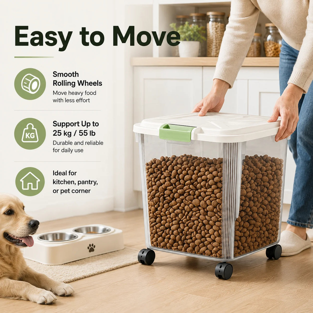 Airtight Rolling Pet Food Storage Container With Measuring Cup