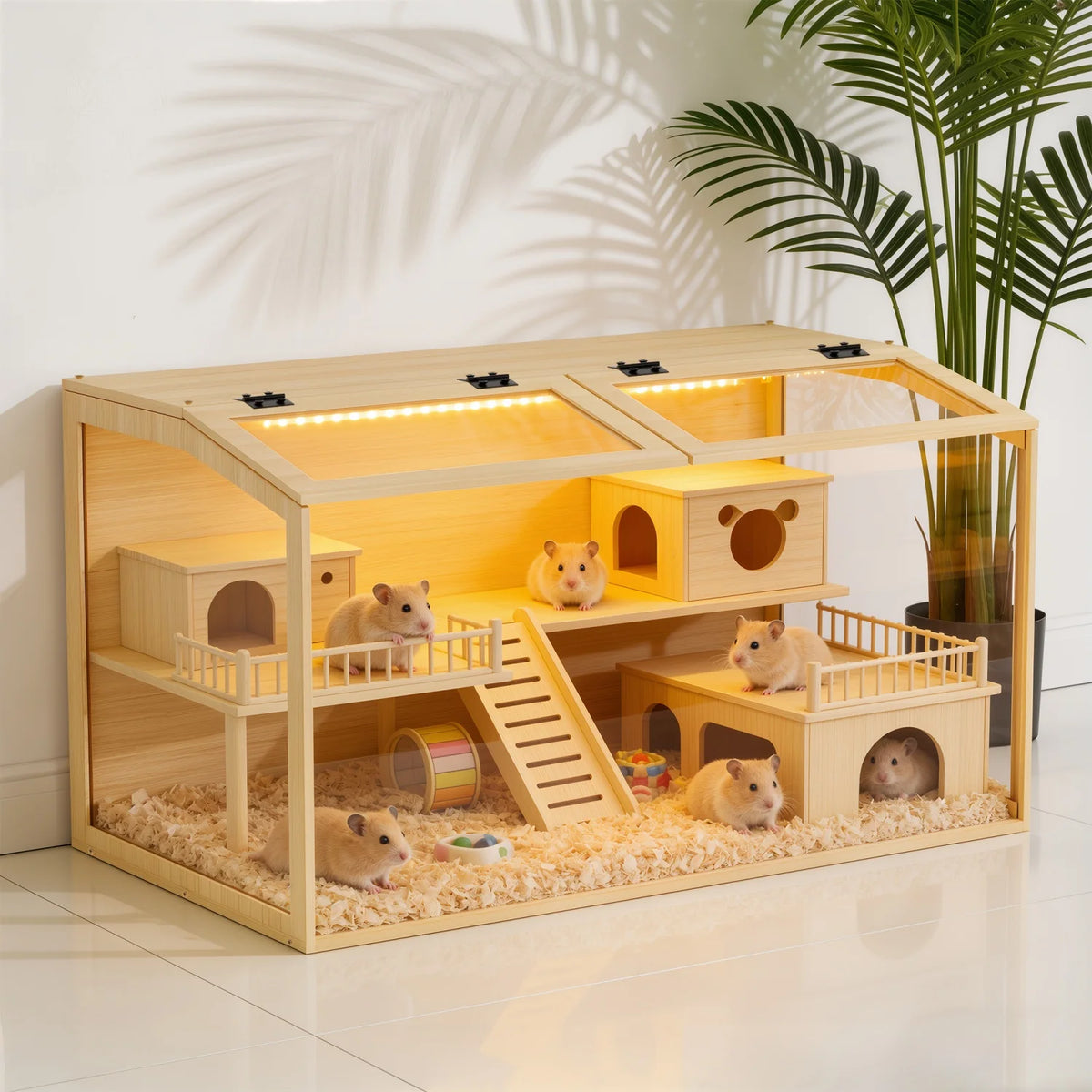 Natural Wood Hamster Cage With Dual Door And Integrated Light