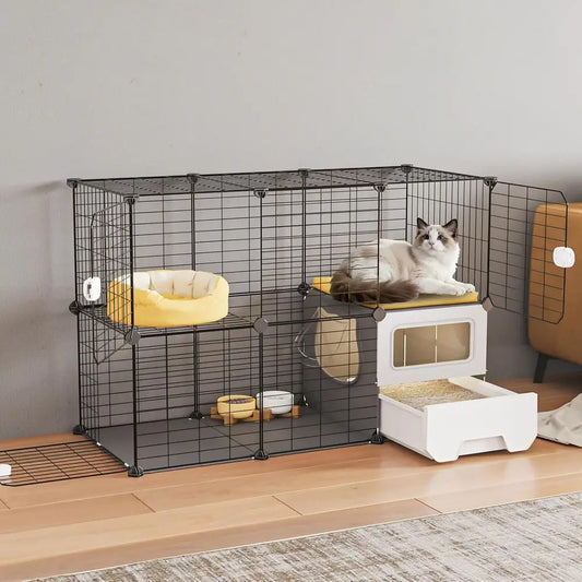Detachable Metal Wire Cat Playpen With Integrated Litter Box