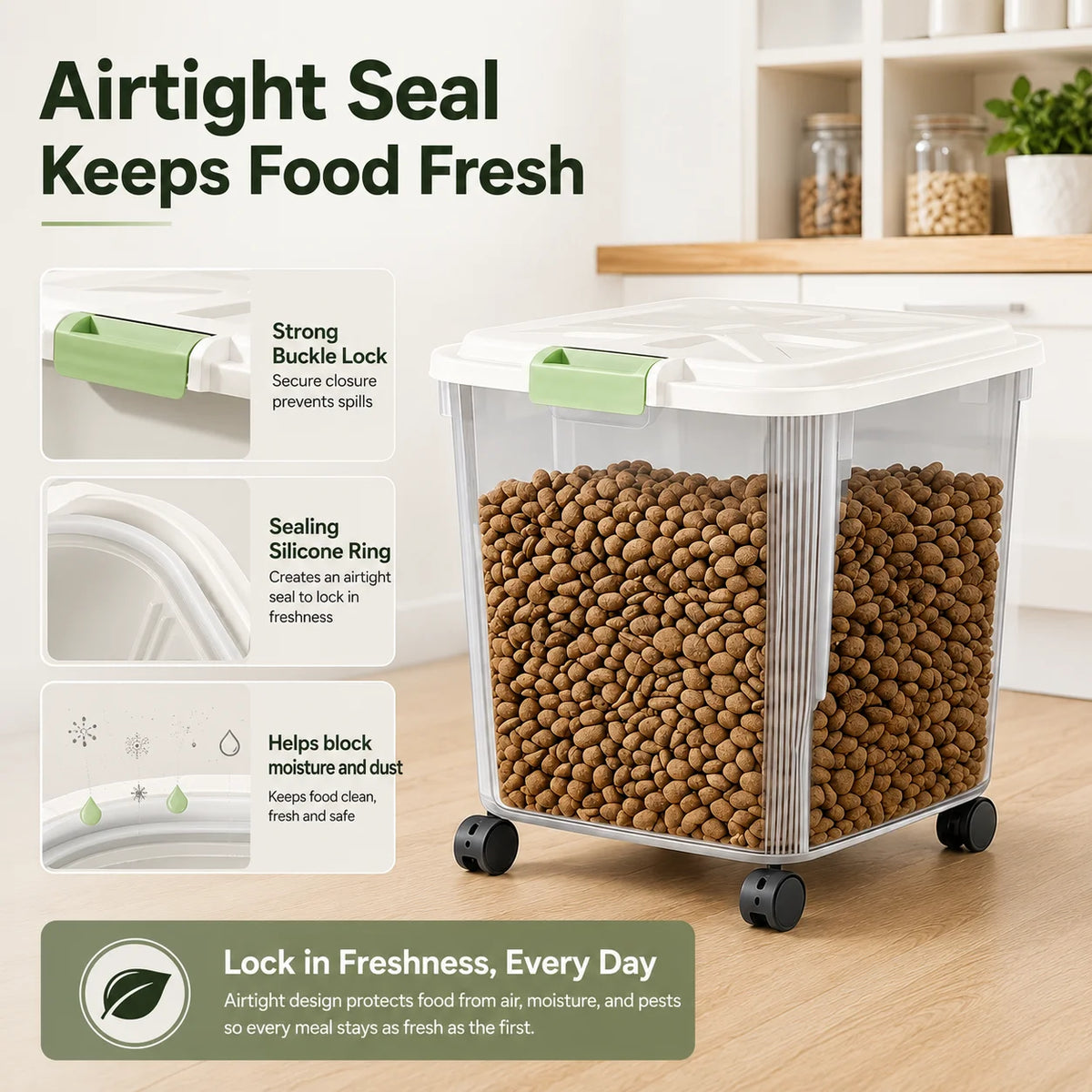 Airtight Rolling Pet Food Storage Container With Measuring Cup
