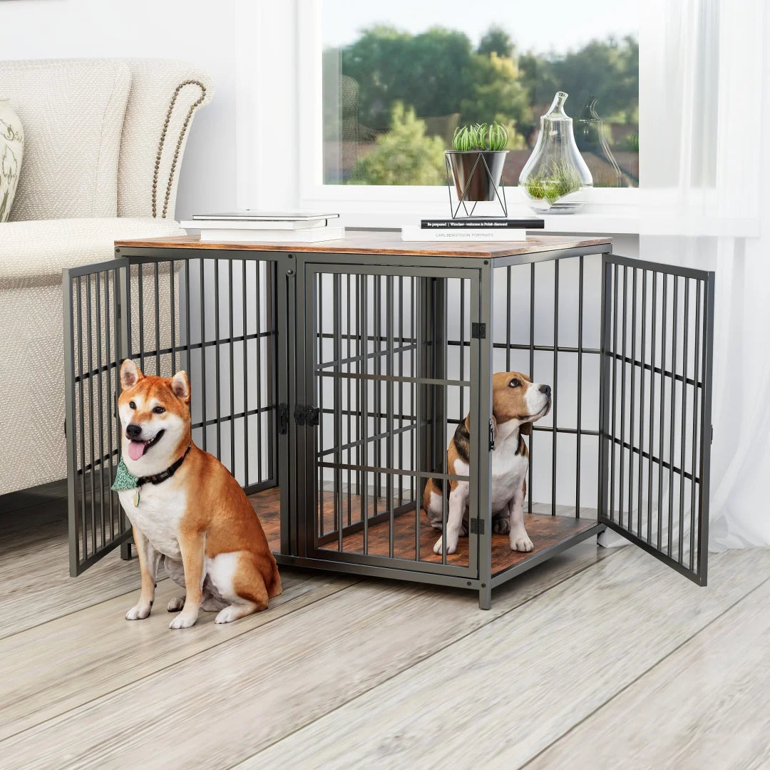 Bingopaw Wooden Dog Crate Furniture Side Table with 4 Doors