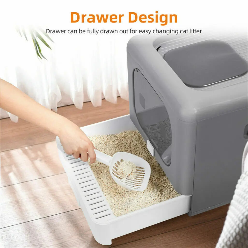 Enclosed Cat Litter Box With Scoop And Foldable Tray