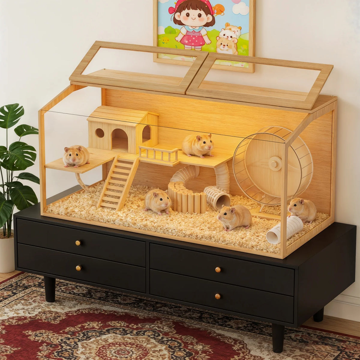 Natural Wood Hamster Cage With Dual Door And Integrated Light