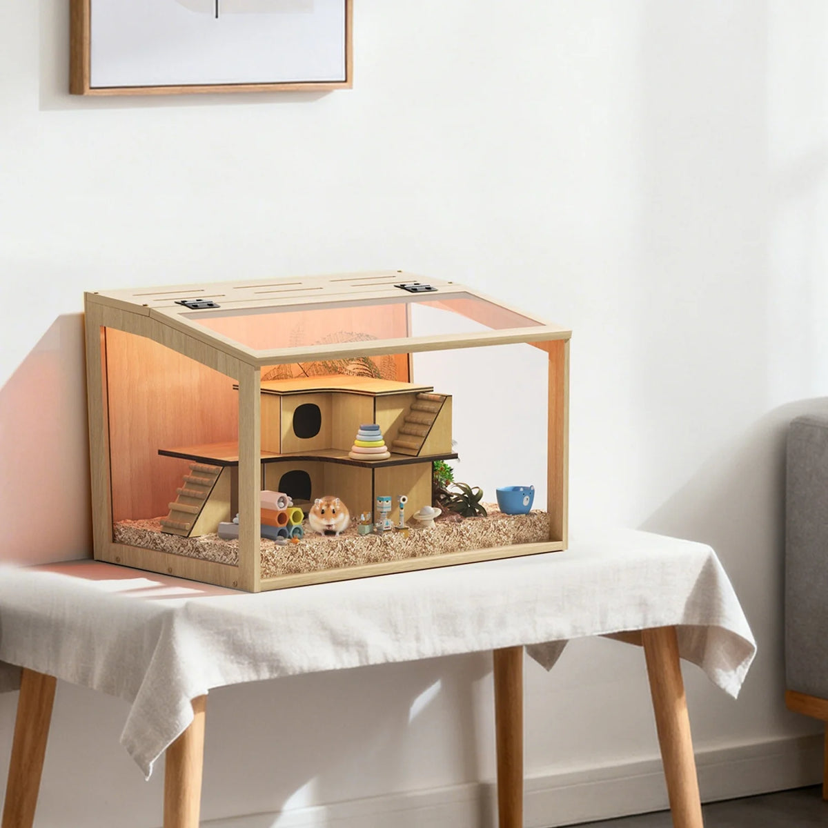 Wooden Hamster Cage With Built In Led Light Tabletop Habitat