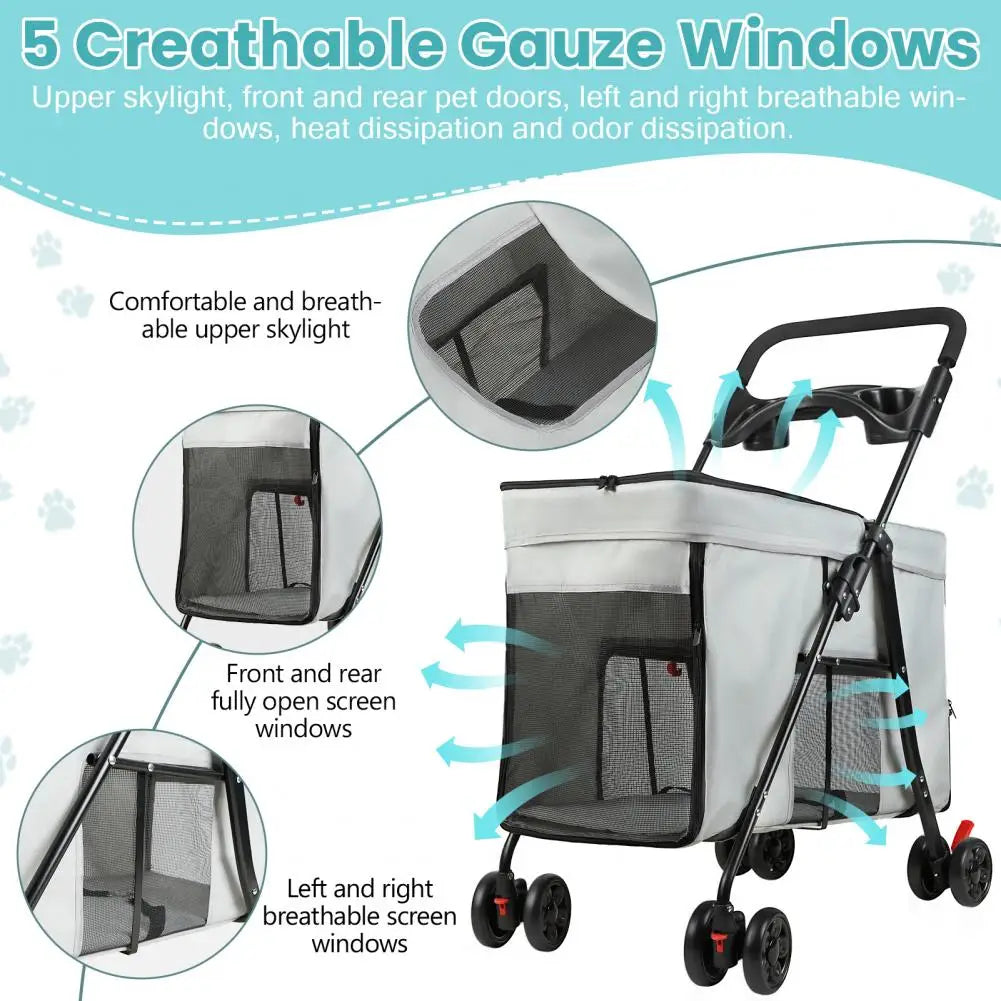 Foldable Dog Stroller With Removable Tray And Ventilation Windows