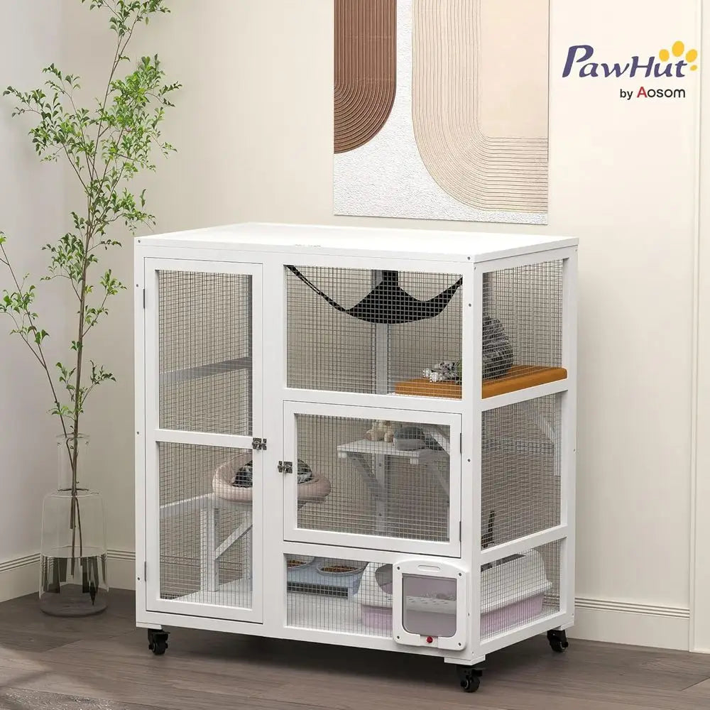 Multi Level Indoor Cat House Enclosure With Platform And Hammock