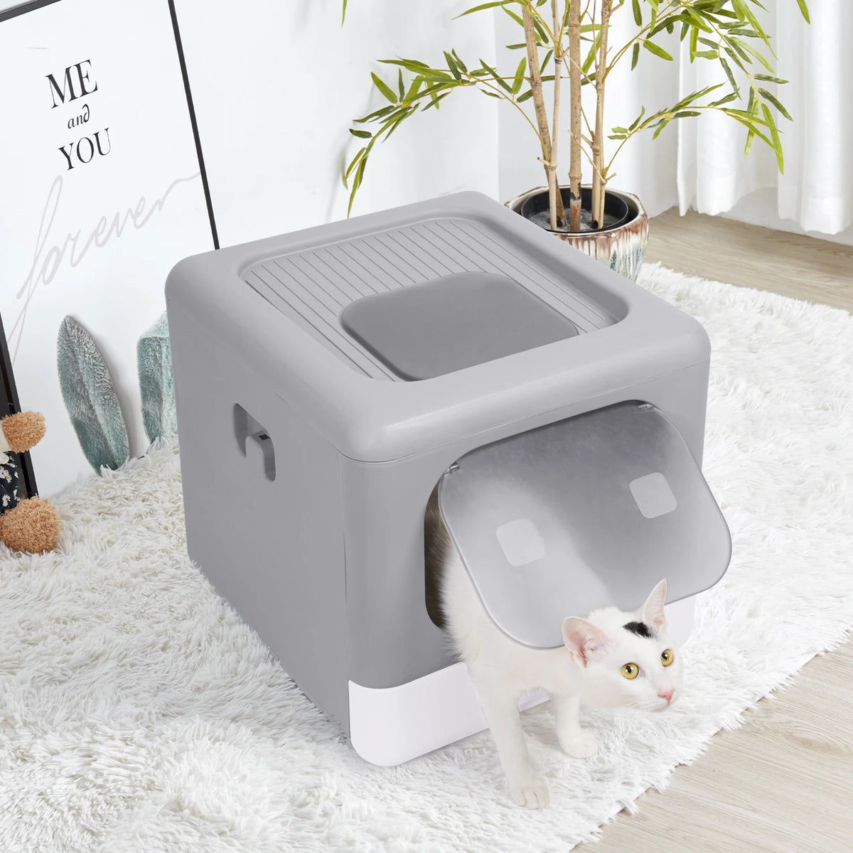 Enclosed Cat Litter Box With Scoop And Foldable Tray