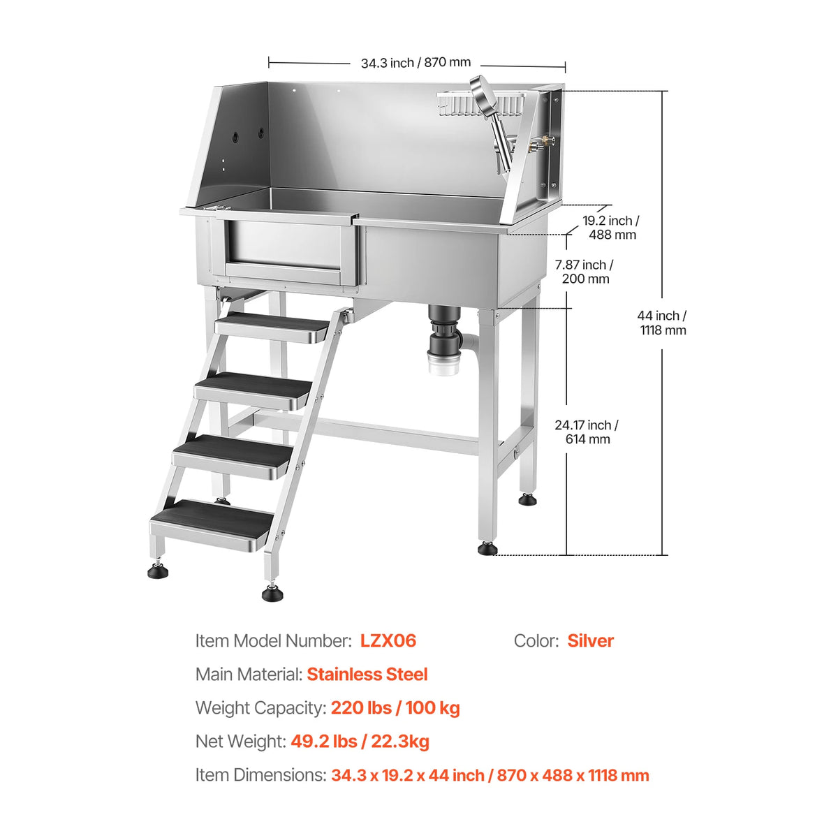 SucceBuy Stainless Steel Dog Washing Station With Shower Faucet Soap Holder