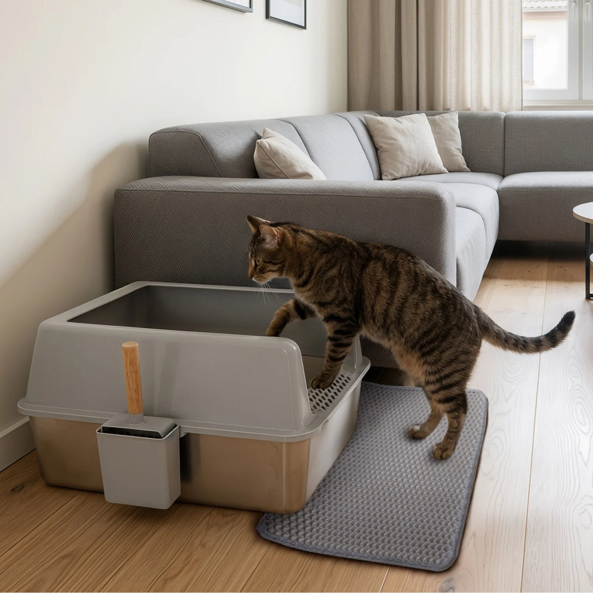 Stainless Steel High-Sided Cat Litter Pan With Mat And Scoop