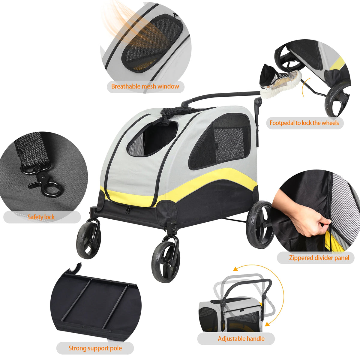 Dual Dog Folding Pet Stroller With Zipper Divider And Wheels