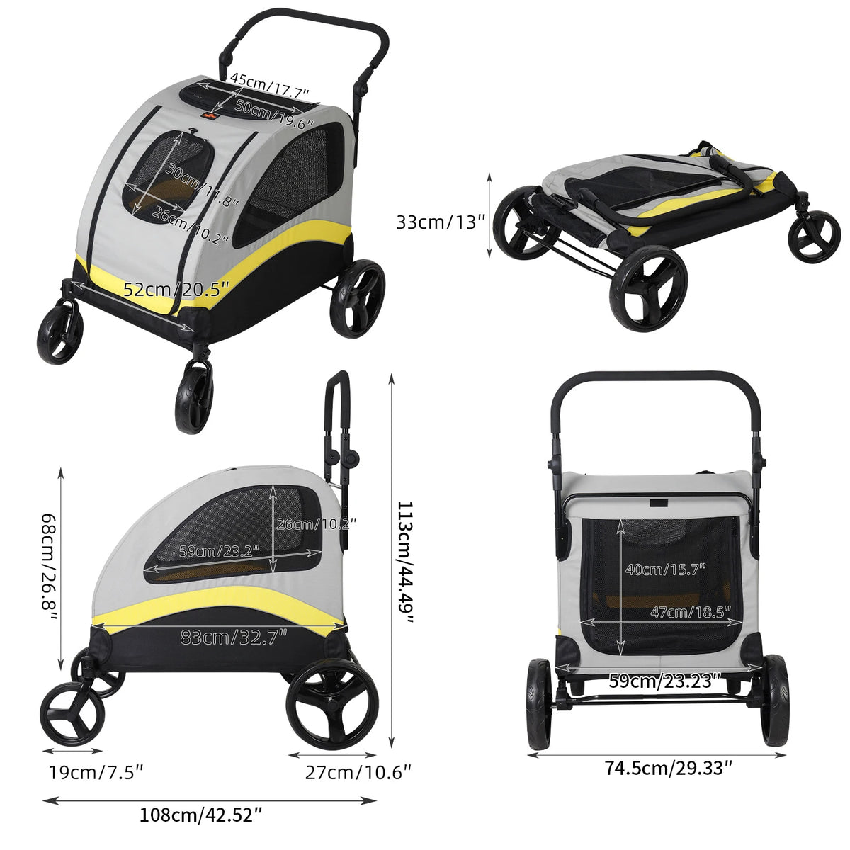 Foldable Four Wheel Pet Stroller Breathable Metal Dog Jogger