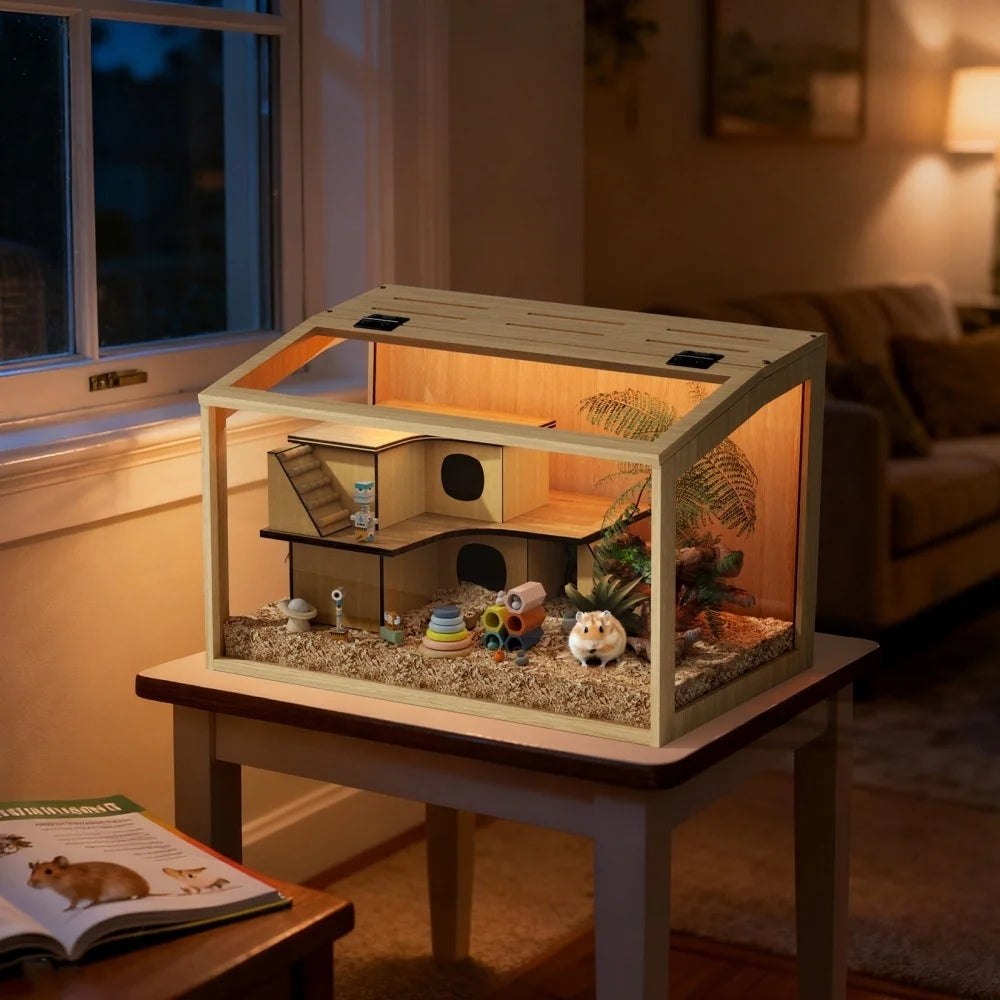 Wooden Hamster Cage With Tempered Glass Built In Led Lights