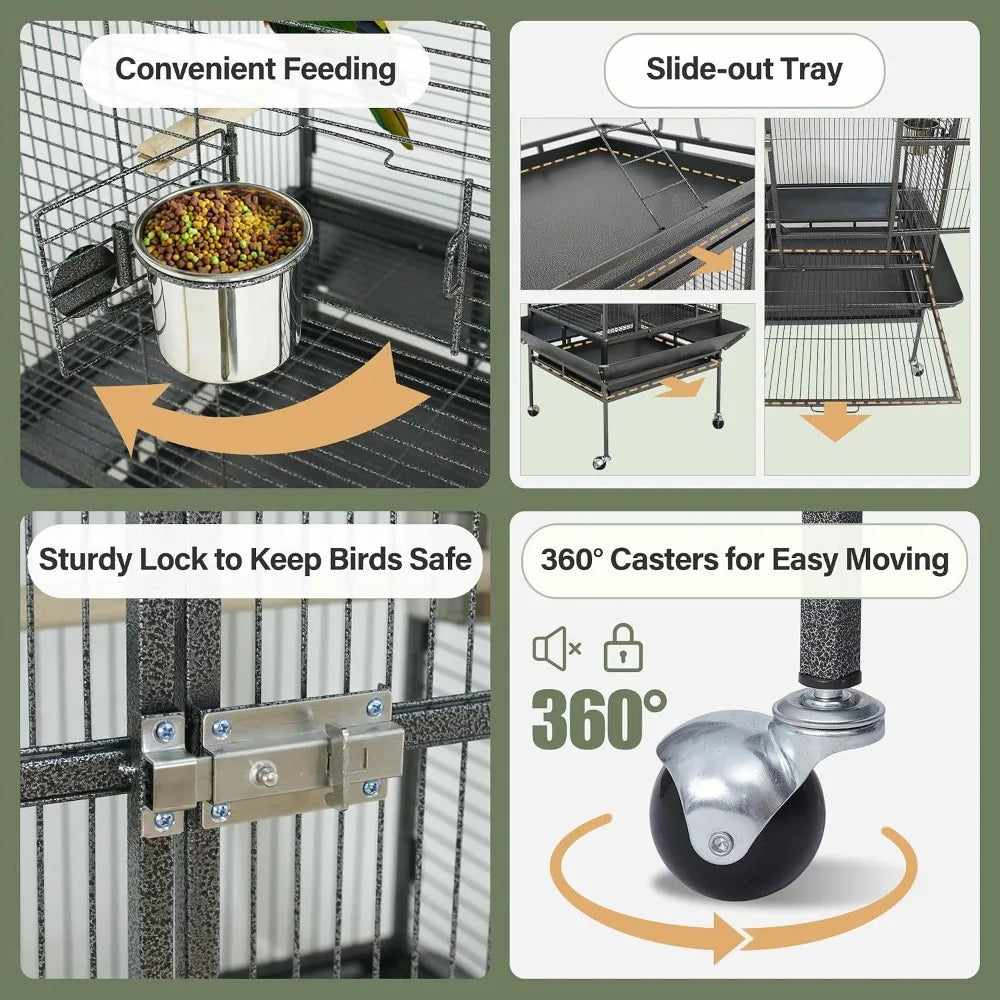 Wrought Iron Parrot Bird Cage With Playtop And Rolling Stand