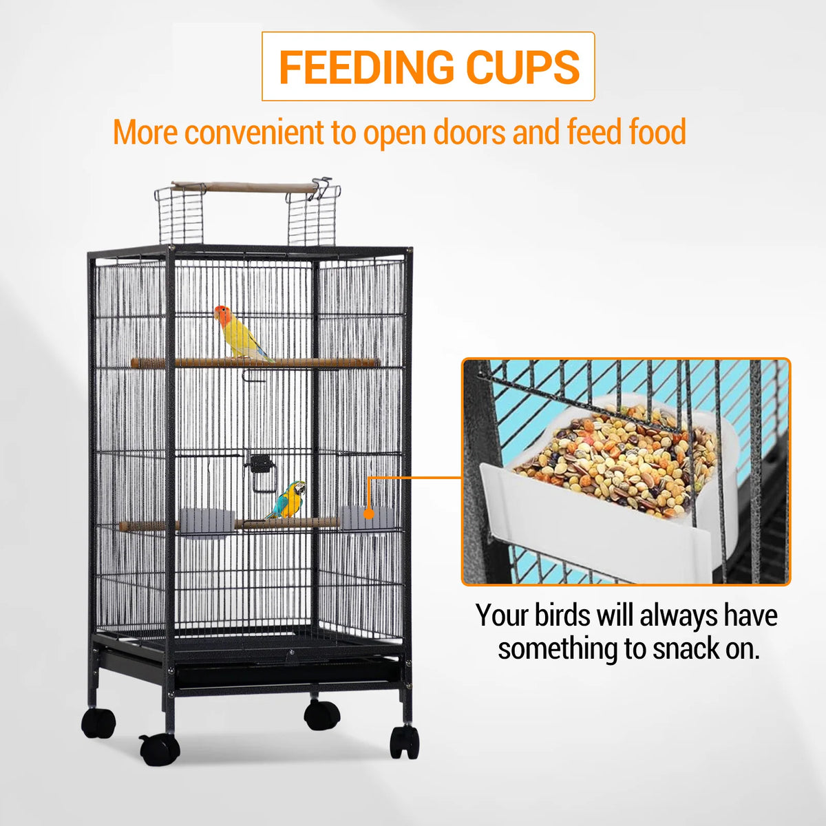 HiMiss Open Top Metal Bird Cage With Wheels And Feeder