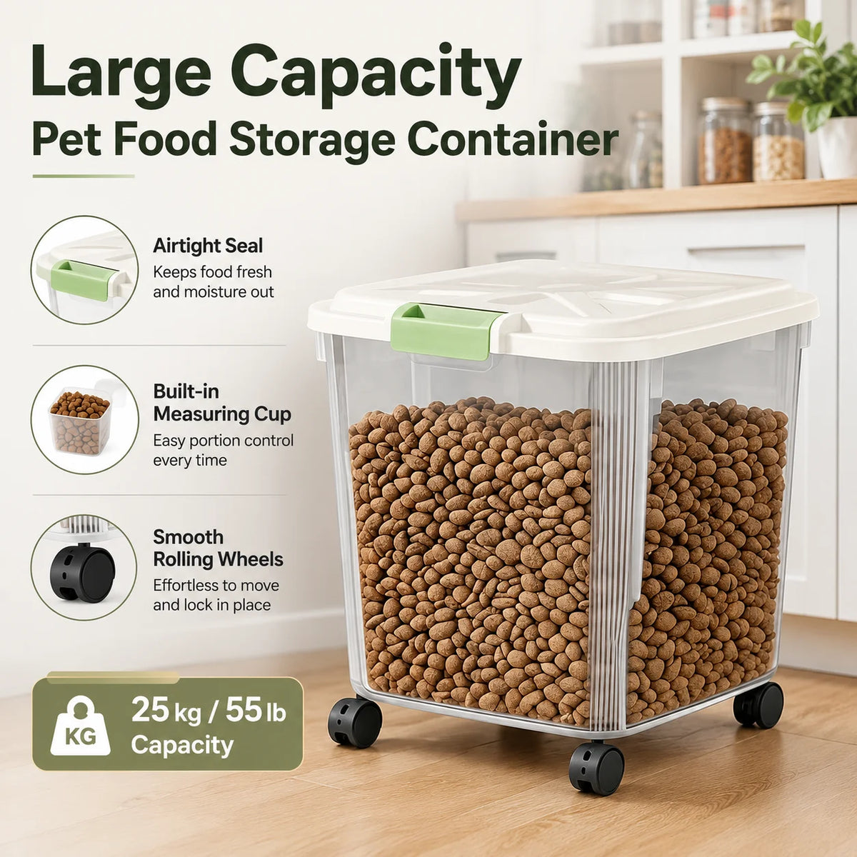 Airtight Rolling Pet Food Storage Container With Measuring Cup
