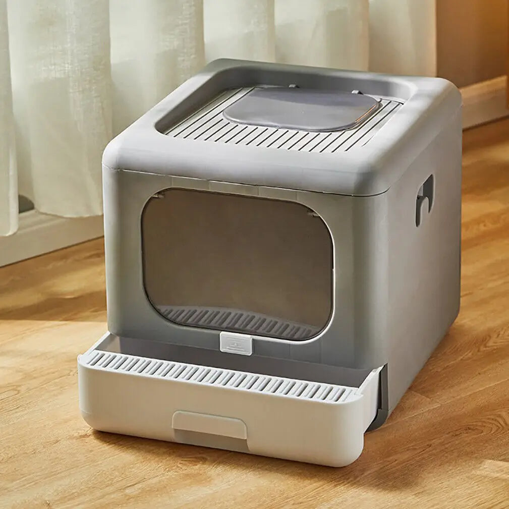 Enclosed Cat Litter Box With Scoop And Foldable Tray