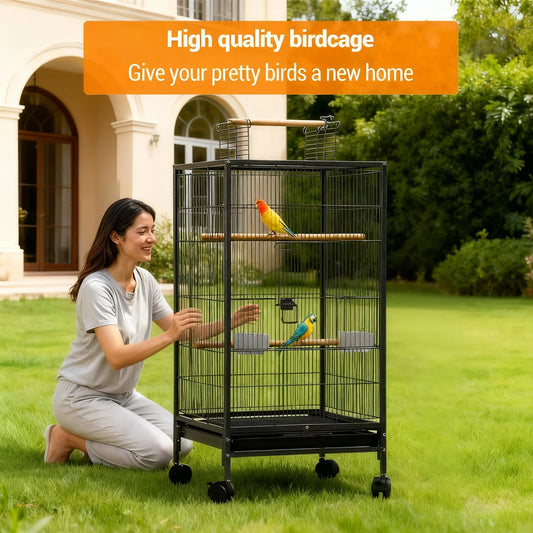 HiMiss Open Top Metal Bird Cage With Wheels And Feeder