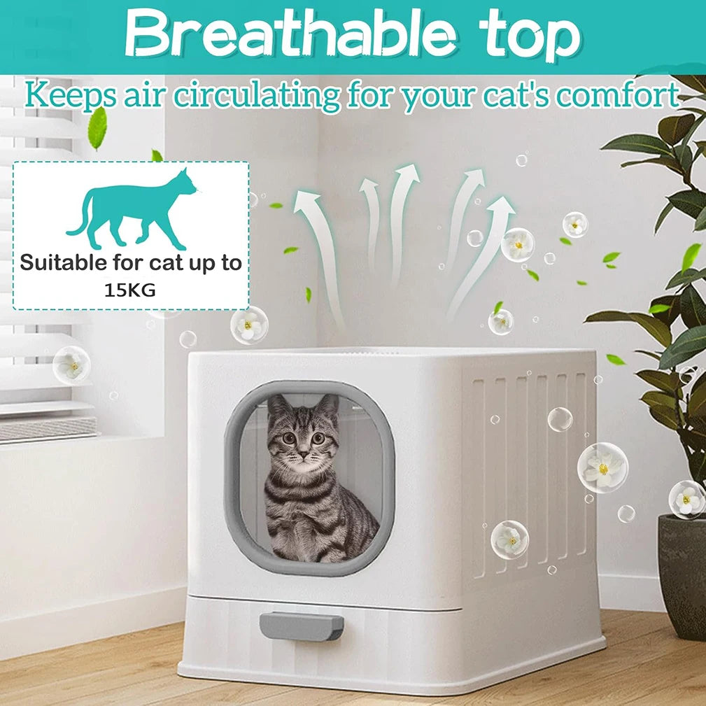 Enclosed Cat Litter Box With Slide Drawer And Leakproof Lid