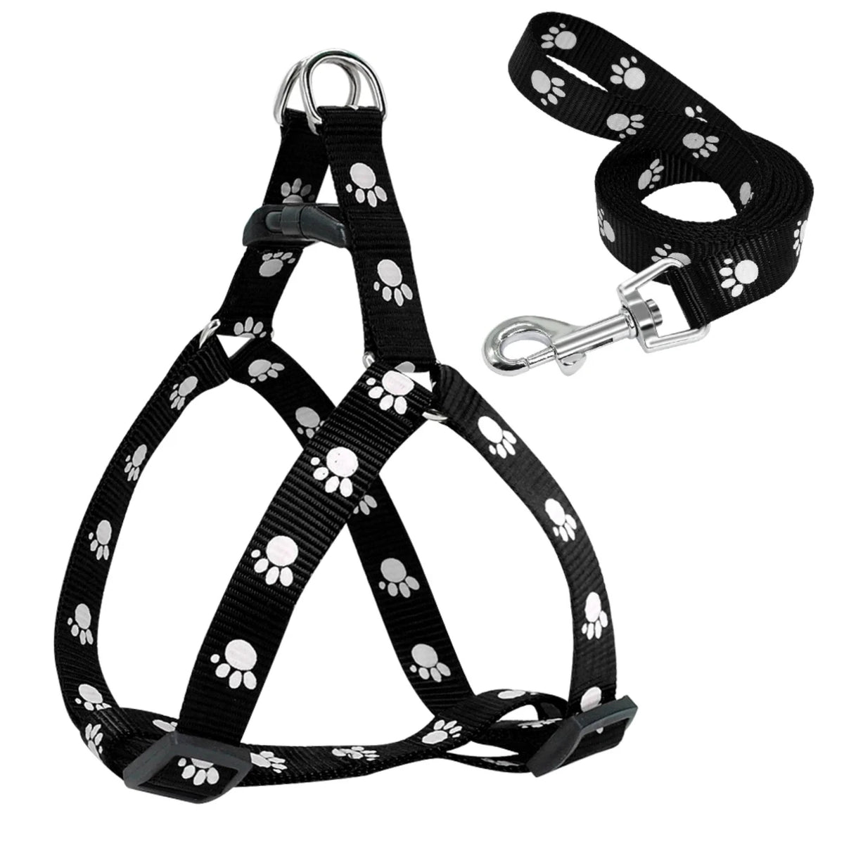 Adjustable Nylon Dog Harness And Leash Set With Paw Print Design