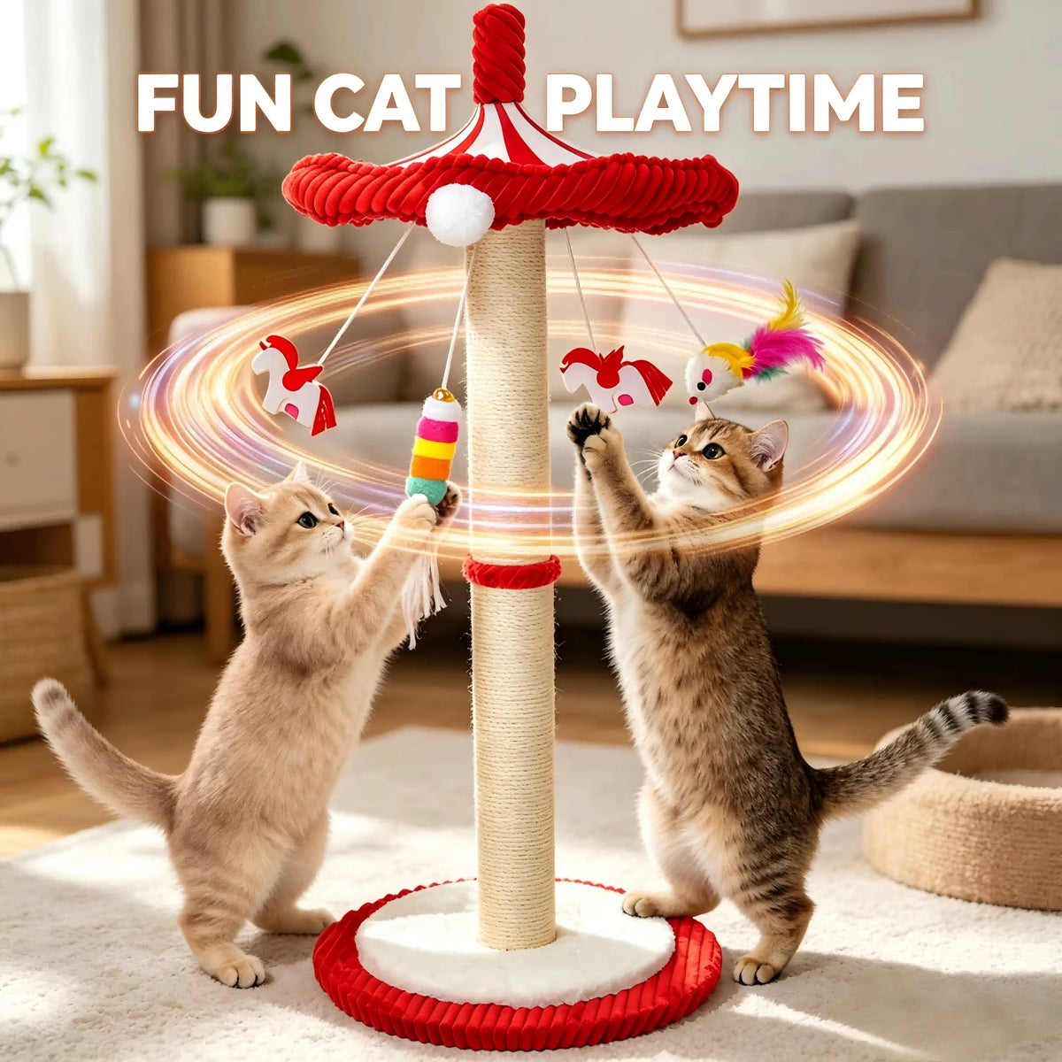 CWV Rotating Interactive Cat Scratching Post Sisal Tree Feather Teaser